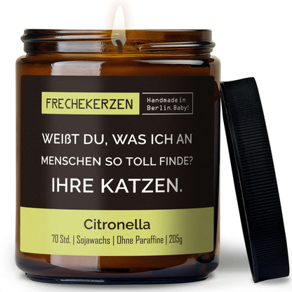 Lustige Duftkerze mit Spruch „weißt du, was ich an menschen so toll finde? ihre katzen.“ – Kerze im Glas für Katzenfans – Humorvolle Geschenkidee