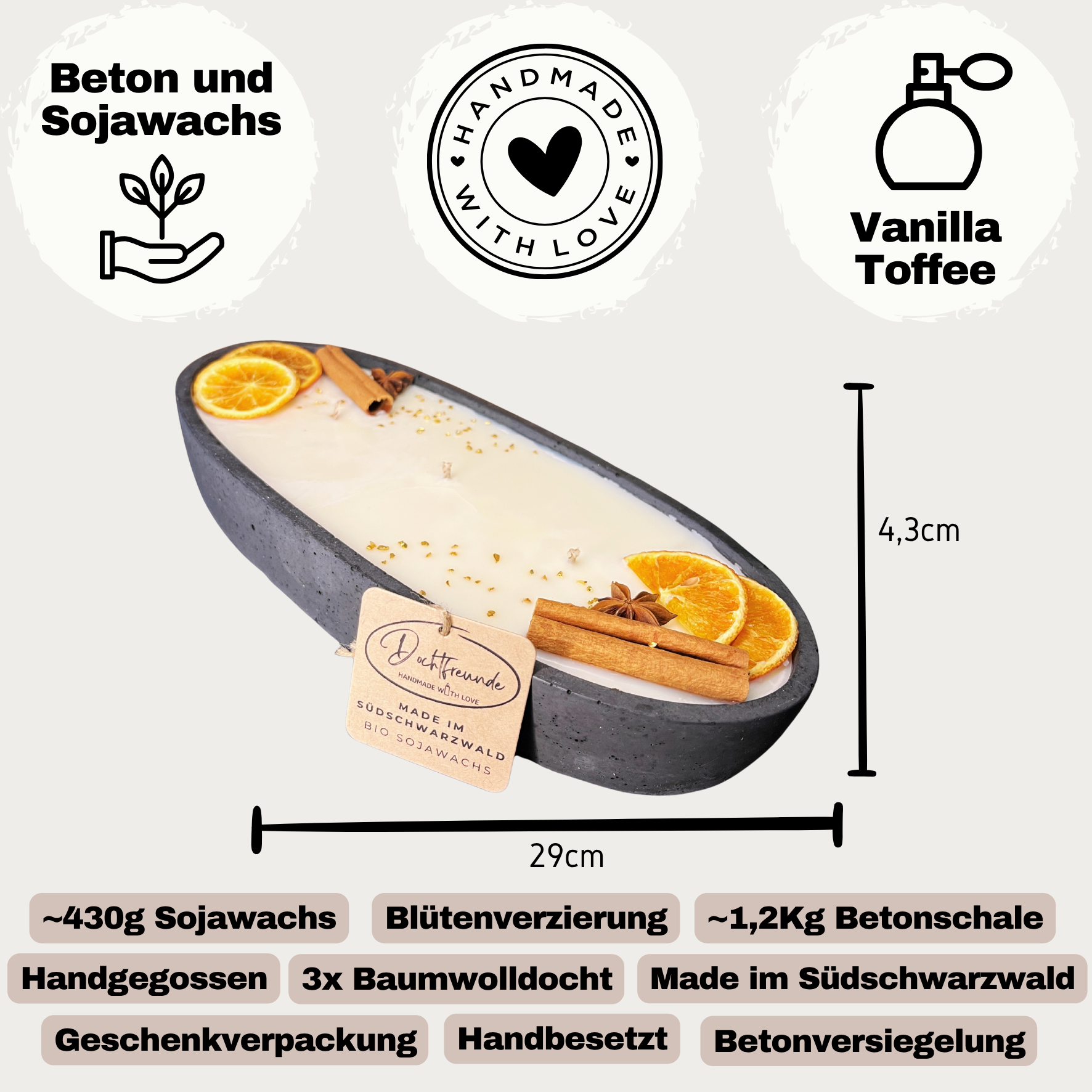 Black Edition - HANDGEMACHTE BETONKERZE "Black-Ship" - Stilvolle Sojawachskerze für Ihr Zuhause. Kerze mit Blütenverzierung und drei HOCHWERTIGEN Baumwolldochten 