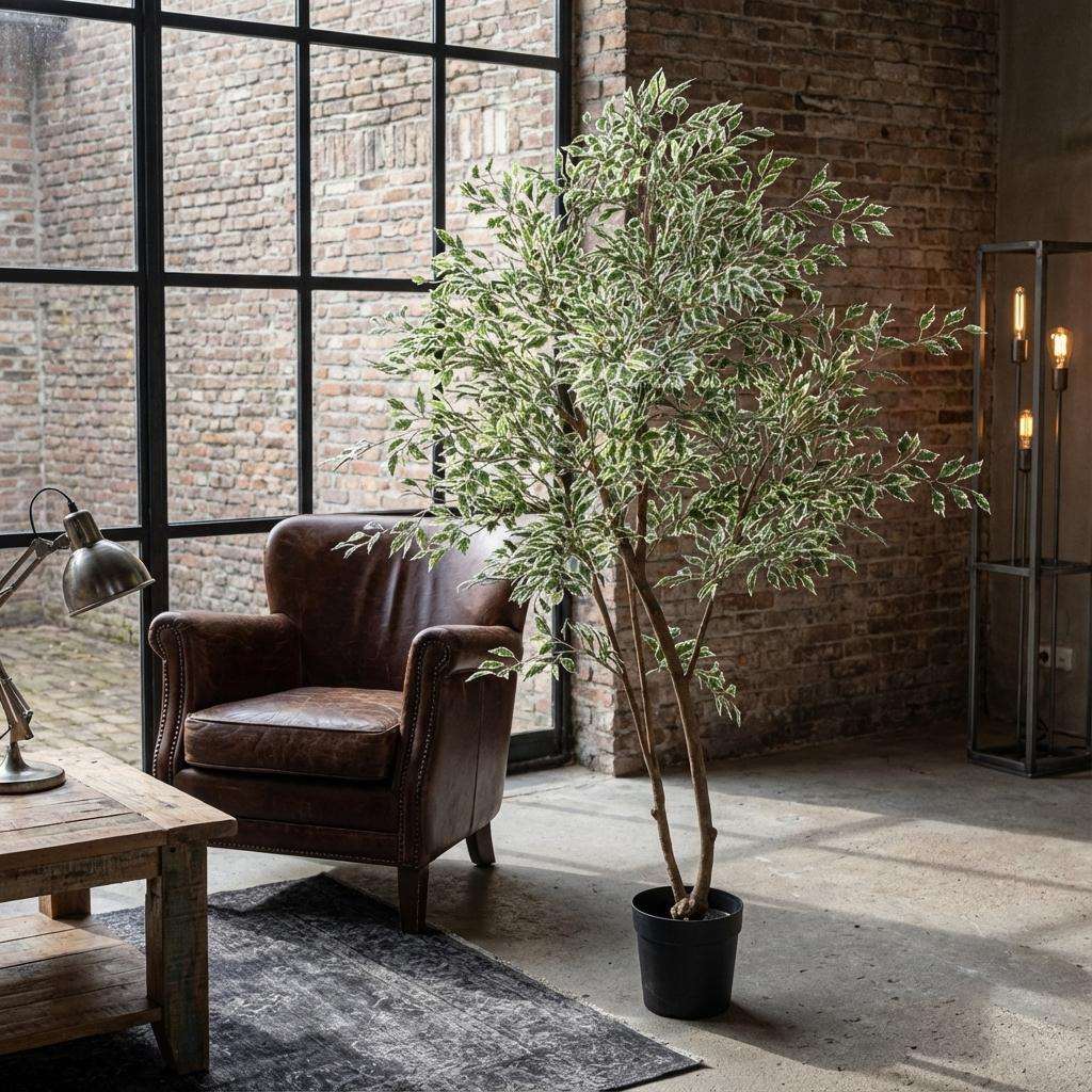 Ficus Benjamina Variegata Kunstpflanze 185cm – Große Buntlaub Birkenfeige Deko Pflanze – Pflegefreie Zimmerpflanze für Wohnzimmer Büro & Empfangsbereich