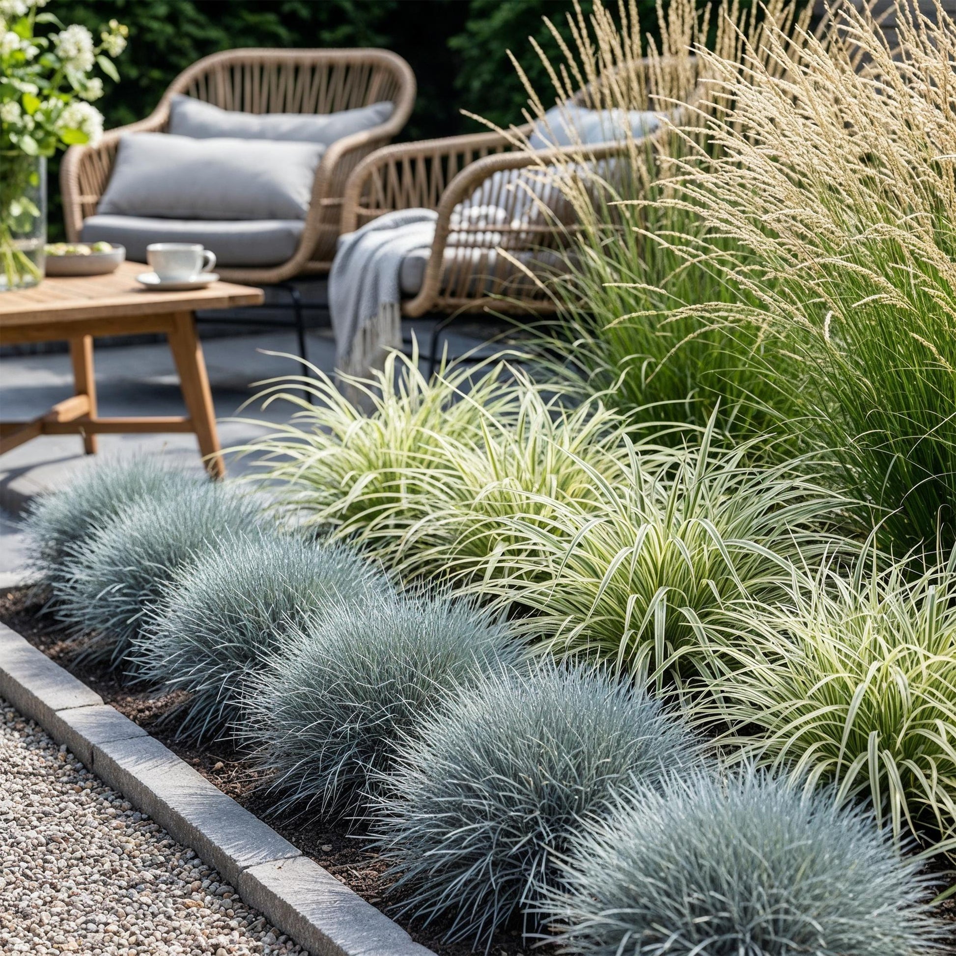 GreenboutiQ - Ziergräser - 3 Pflanzen - Blau - Gelb - Grün - Immergrün - Winterhart - Topf 17cm Höhe 50cm 