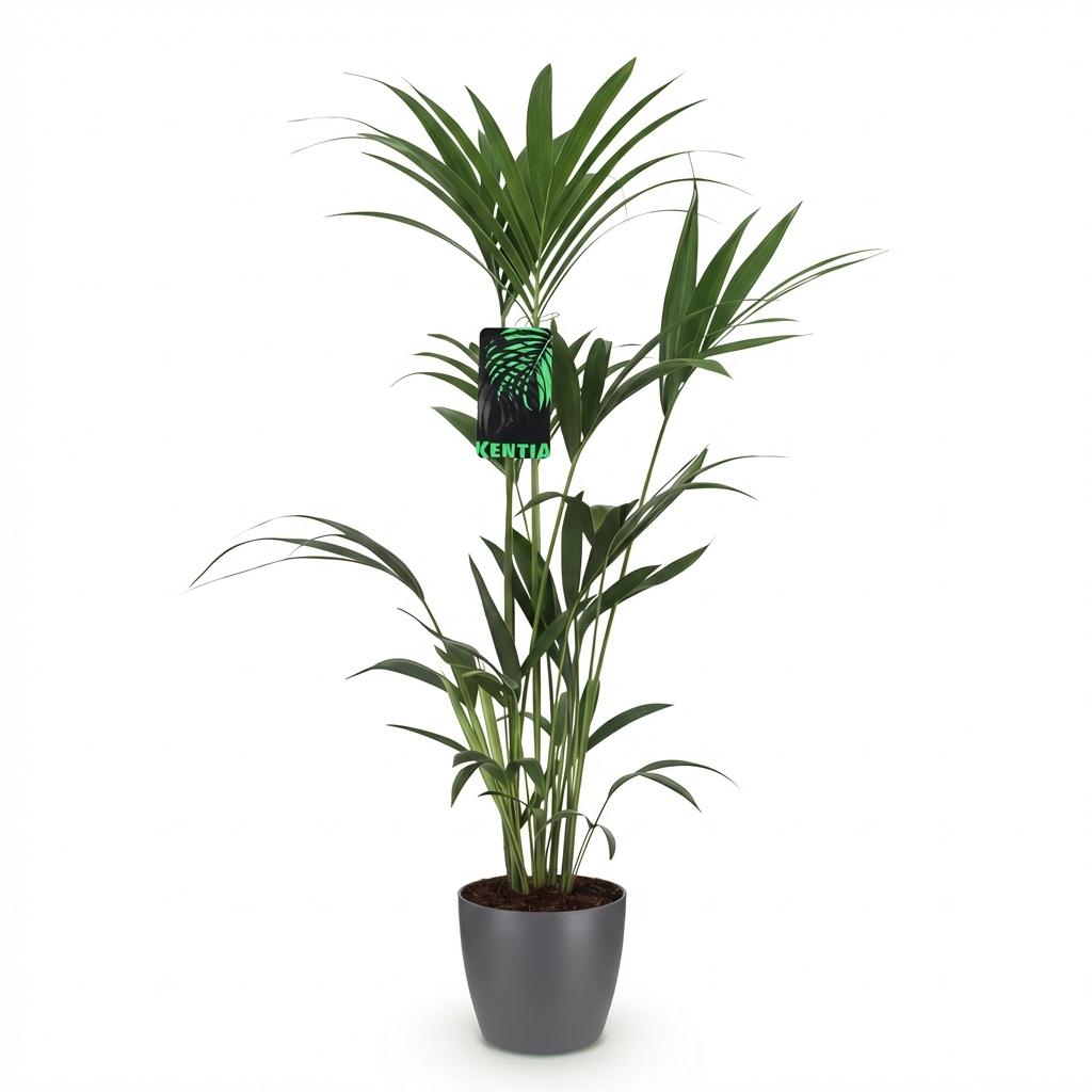 Green boutiQ - Zimmerpflanze - Howea Forsteriana - Kentia-Palme - Wenig Pflege - Grün - 1 Pflanze - mit Potter Grau - Topf 21cm - Höhe 120-130cm 
