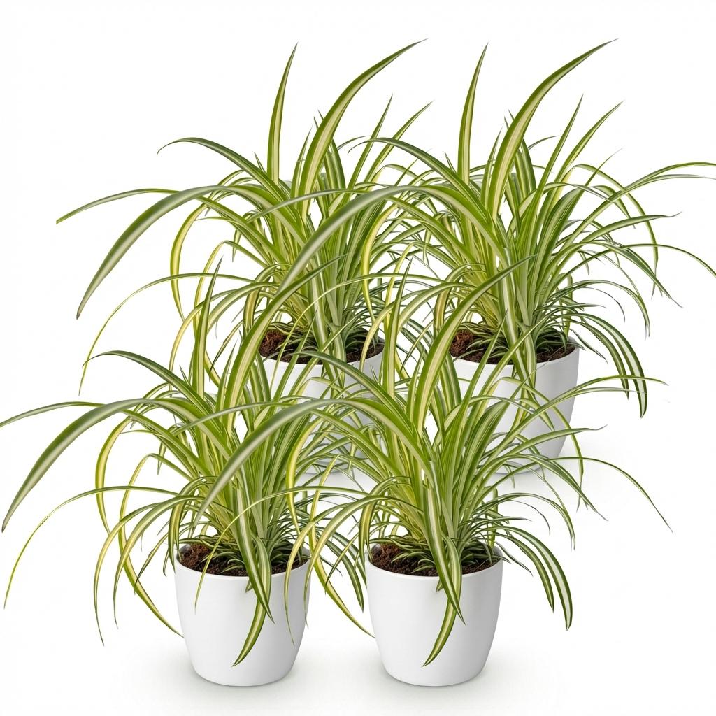 Green boutiQ - Zimmerpflanze - Chlorophytum comosum Variegatum - Bunte Graslilie - Haustierfreundliche Pflanze - Grün - 4 Pflanzen - mit Potter Weiß - Topf 12cm - Höhe 20cm 