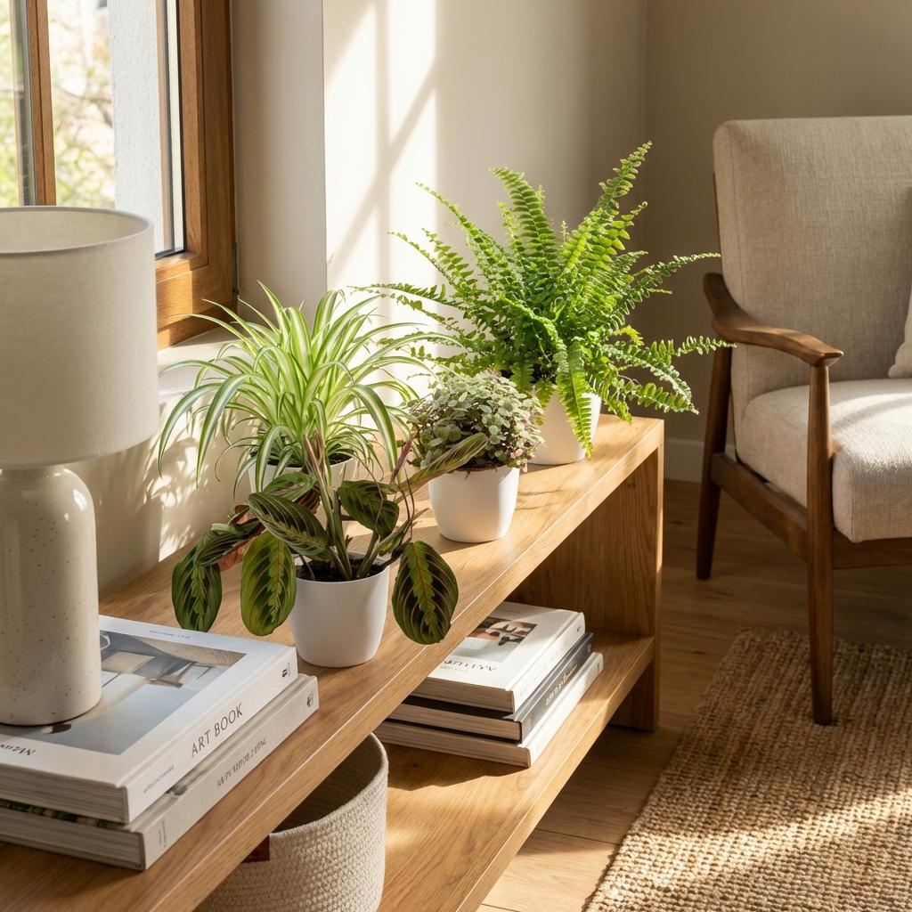 Green boutiQ - Zimmerpflanze - Chlorophytum - Maranta - Calissia - Nephrolepsis - Mix aus 4 - Haustierfreundliche Pflanzen - Grün - 4 Pflanzen - mit Potter Weiß - Topf 12cm - Höhe 25cm 