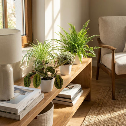 Green boutiQ - Zimmerpflanze - Chlorophytum - Maranta - Calissia - Nephrolepsis - Mix aus 4 - Haustierfreundliche Pflanzen - Grün - 4 Pflanzen - mit Potter Weiß - Topf 12cm - Höhe 25cm 