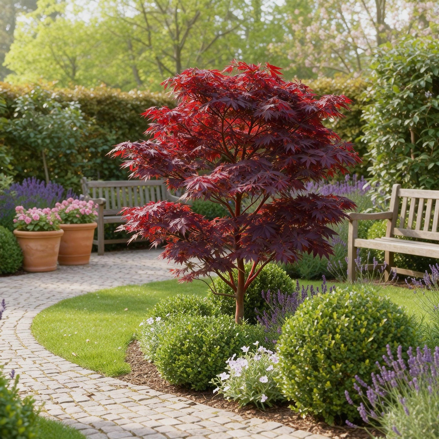 GreenboutiQ - Gartenpflanze - Acer palmatum Atropurpureum - Lila - 1 Pflanze - Laubabwerfend - Wenig Pflege - Topf 12cm Höhe 35cm 