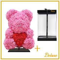 Bär DELUXE Dunkelrosa 40 cm – Hochwertiges Schaumstoff-Ornament mit rotem Herz – Elegante Geschenkverpackung – Edle Dekofigur auf Ständer 