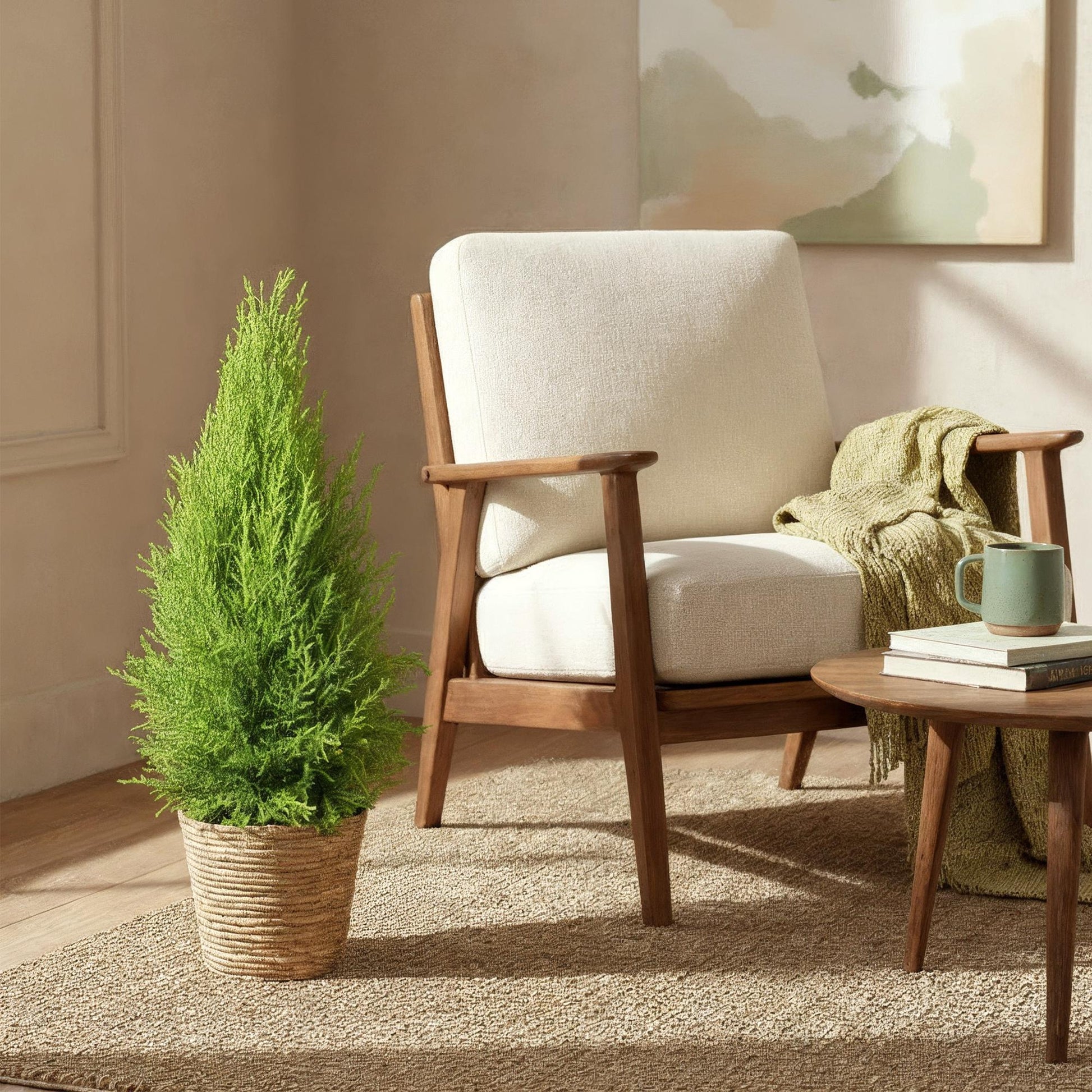 Green boutiQ - Zimmerpflanzen - Cupressus Gold Crest Wilma - Zimmerkonifere - Wenig Pflege - mit Korb - Grün - 1 Pflanze - Topf 21cm - Höhe 85-95cm 