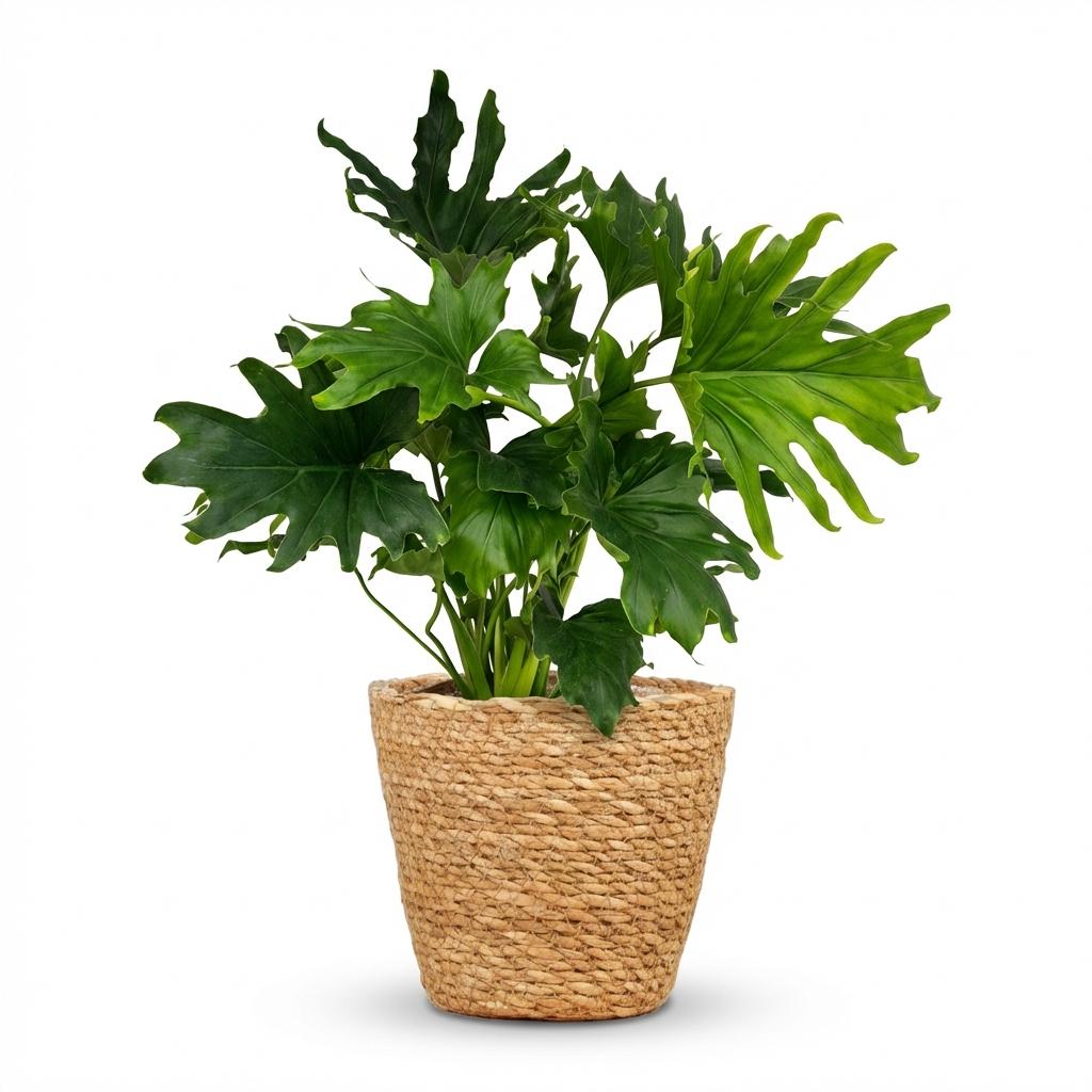 Green boutiQ - Zimmerpflanze - Philodendron - Philodendron Lickety split - Grün - Pflegeleicht - 1 Pflanze - mit Korb - Topf 19cm - Höhe 70cm 
