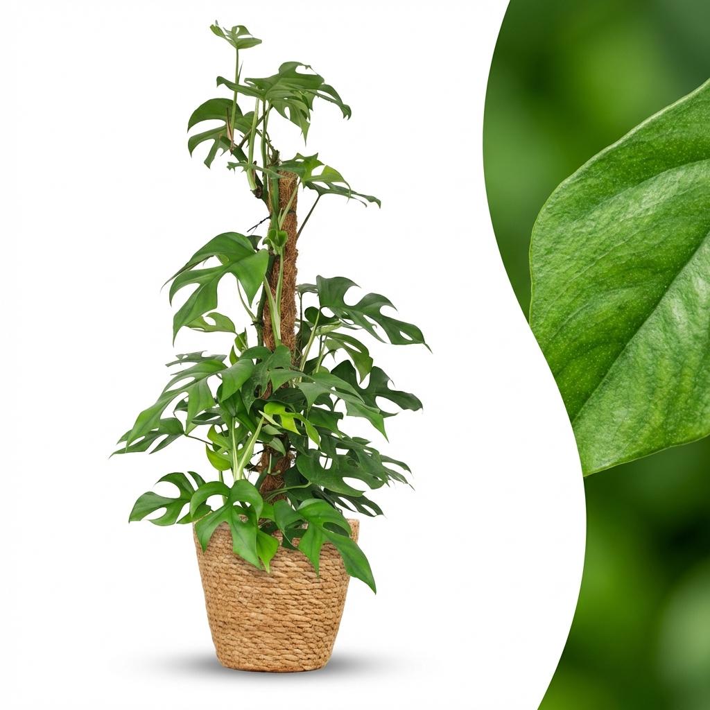Monstera Minima am Moosstab 90cm – Mini Fensterblatt Zimmerpflanze im Korb Ø19cm – Rhaphidophora tetrasperma mit geschlitzten Blättern – pflegeleicht für Wohnung & Büro 
