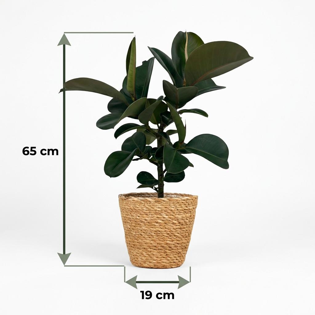 Ficus Elastica Cloe Gummibaum 65cm – Zimmerpflanze im Korb Ø19cm – große glänzende grüne Blätter – pflegeleicht für Wohnung & Büro – ideal bei Halbschatten, moderat gießen 