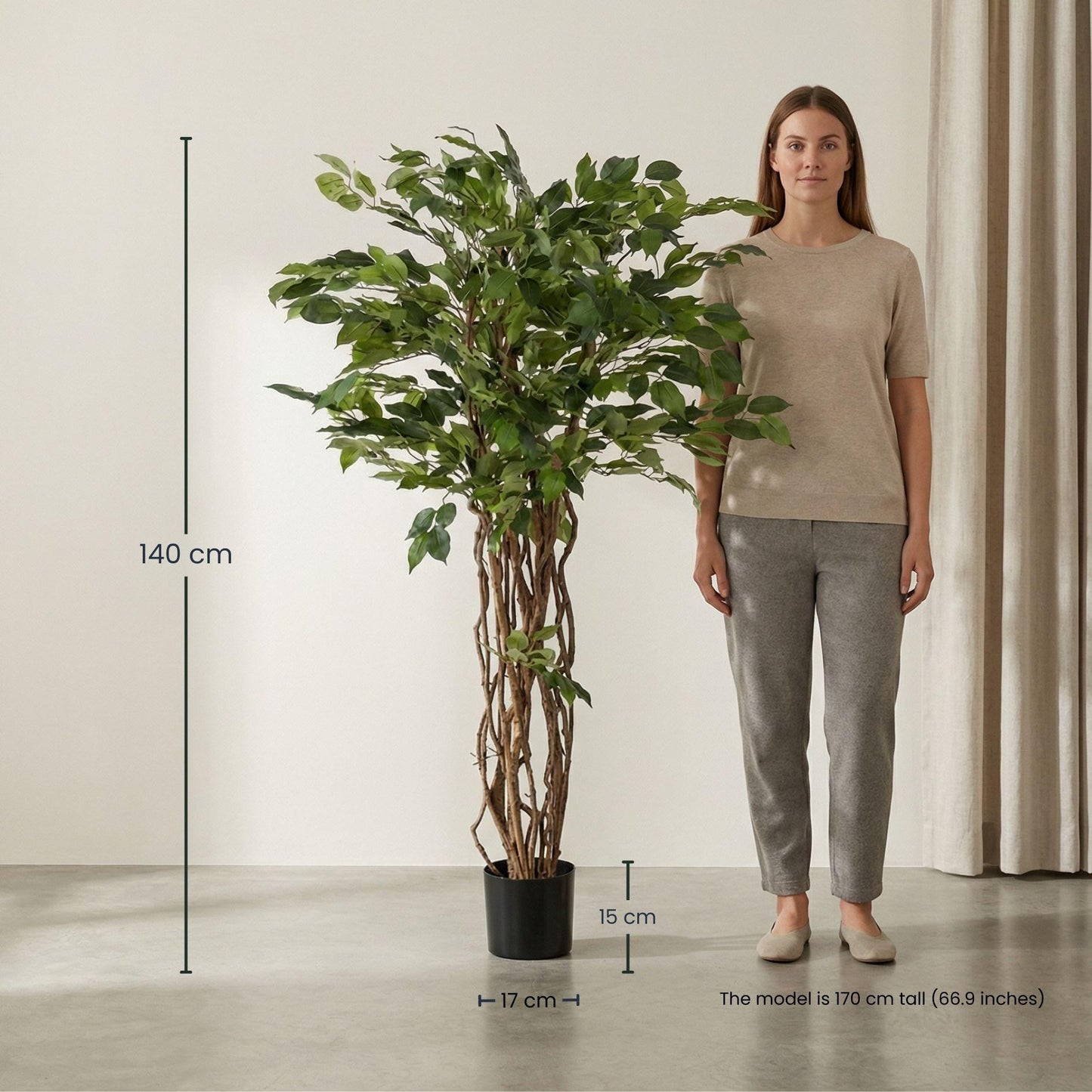 Ficus Liana Kunstbaum – 140cm – Hochwertige künstliche Pflanze mit realistischer Blattstruktur – Pflegefreier Deko Baum für Wohnzimmer Büro & Empfangsbereich