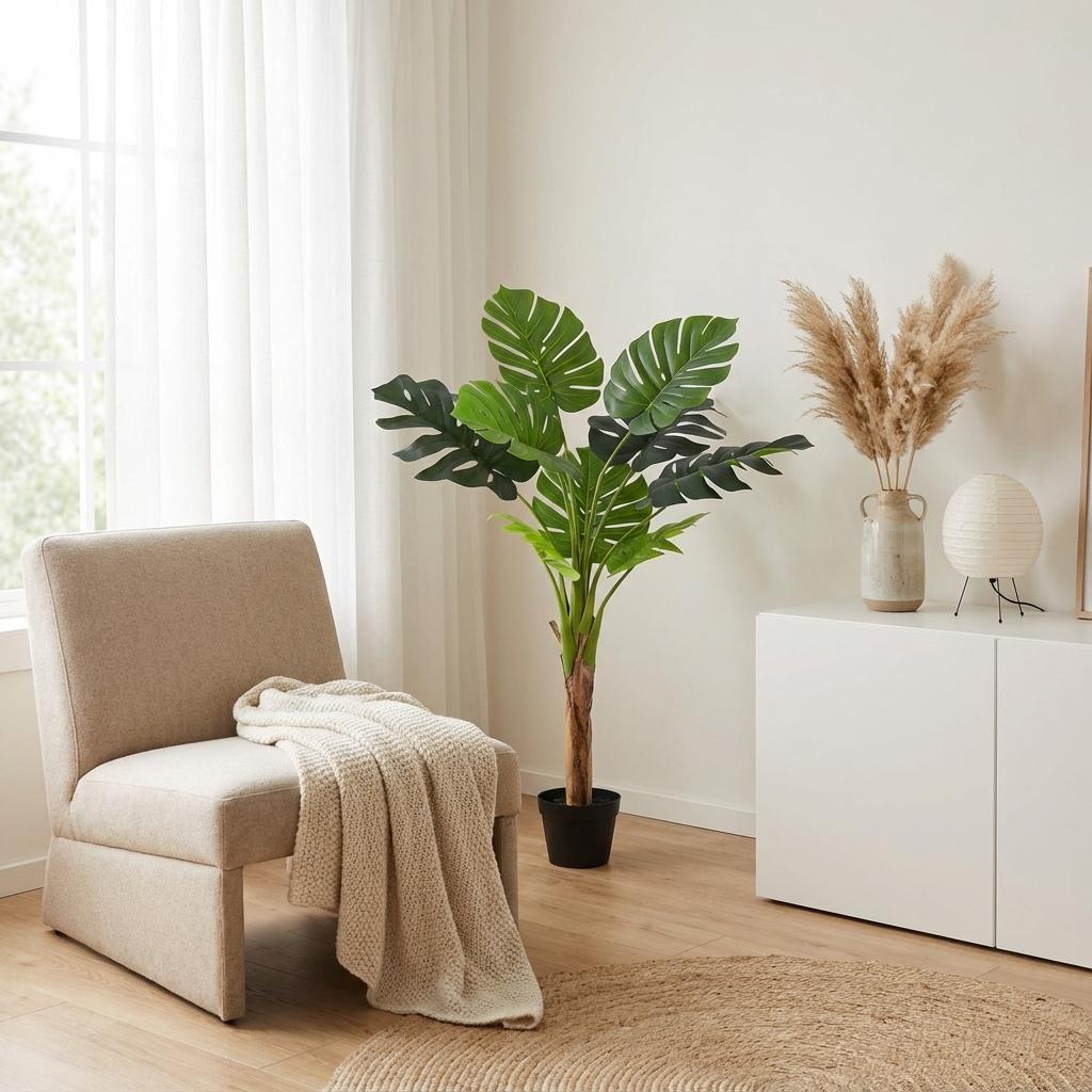 Monstera Deliciosa Kunstpflanze 120cm – Große Fensterblatt Deko Pflanze – Pflegefreie Zimmerpflanze für Wohnzimmer Büro & Empfangsbereich