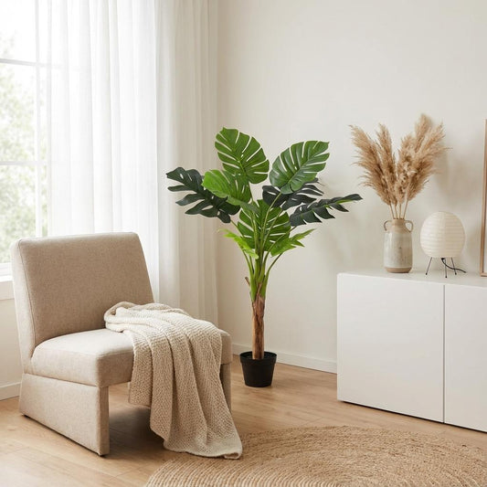 Monstera Deliciosa Kunstpflanze 120cm – Große Fensterblatt Deko Pflanze – Pflegefreie Zimmerpflanze für Wohnzimmer Büro & Empfangsbereich