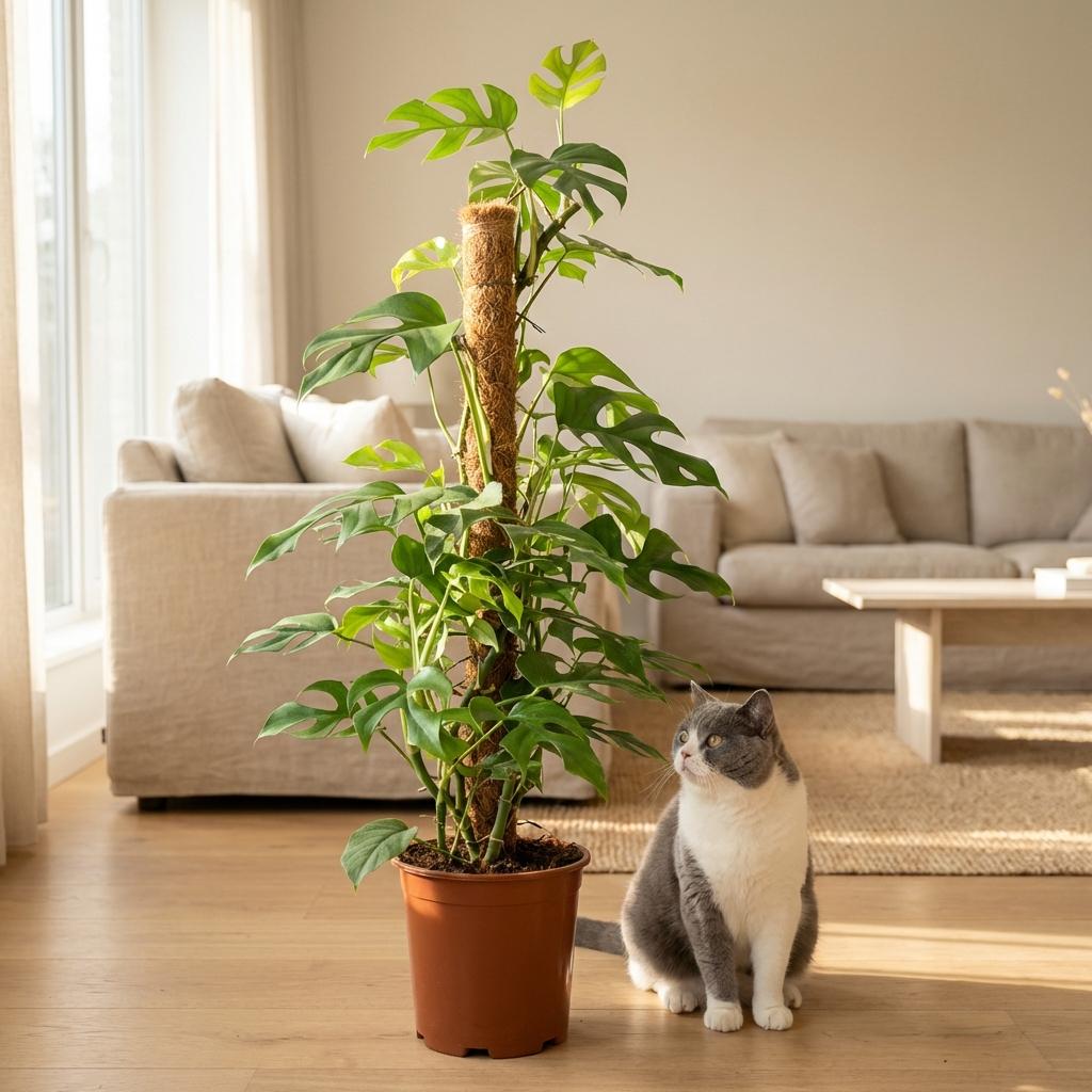 Monstera Minima am Moosstab 90cm – Mini Fensterblatt Zimmerpflanze im Potter Weiß Übertopf Ø19cm – tropische Blätter mit Löchern – pflegeleicht für Wohnung & Büro, ideal bei Halbschatten 