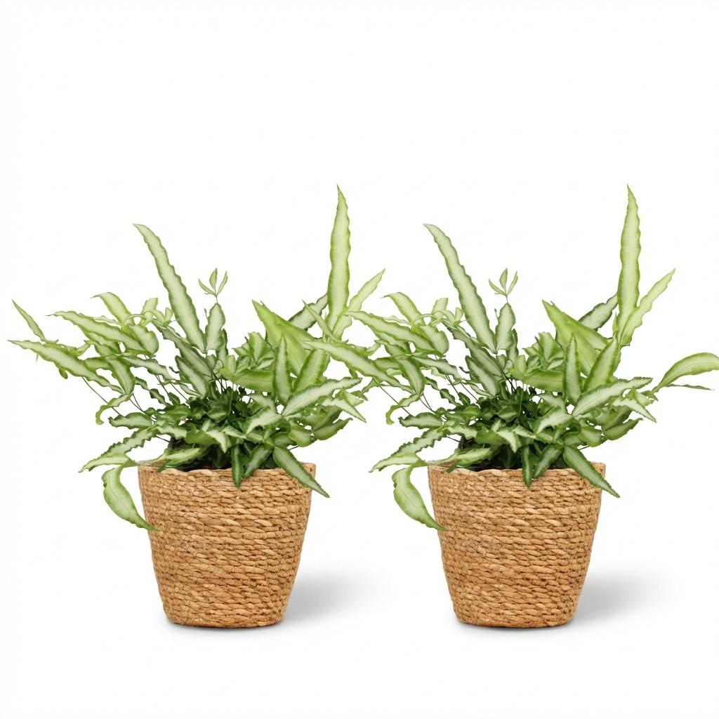 Green boutiQ - Zimmerpflanze - Pteris cretica Albolineata - Schwertfarn - Haustierfreundliche Pflanze - Grün - 2 Pflanzen - mit Korb - Topf 12cm - Höhe 20cm 