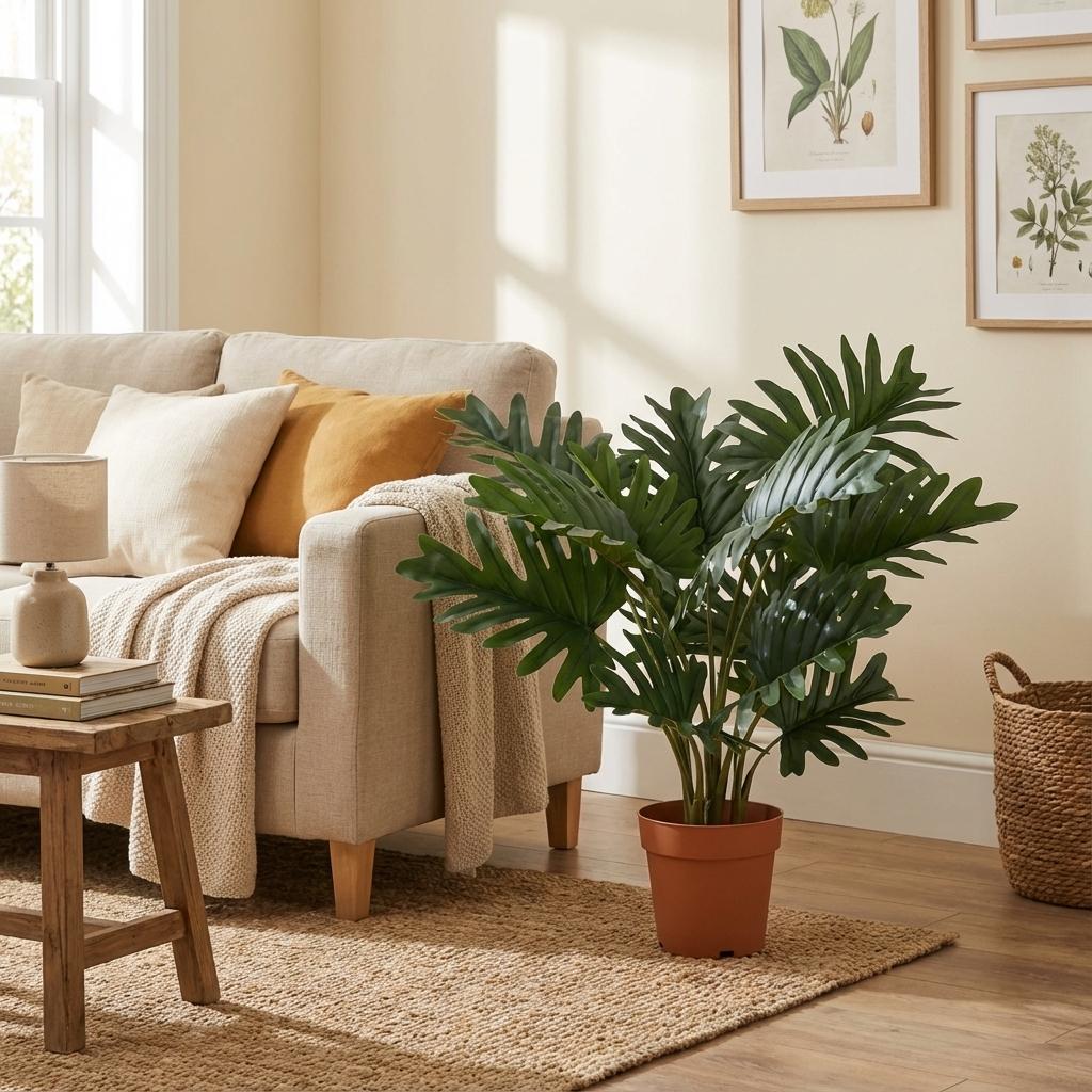Philodendron Selloum Kunstpflanze 70cm – Große Blätter Deko Pflanze – Pflegefreie Zimmerpflanze für Wohnzimmer Büro & Regal