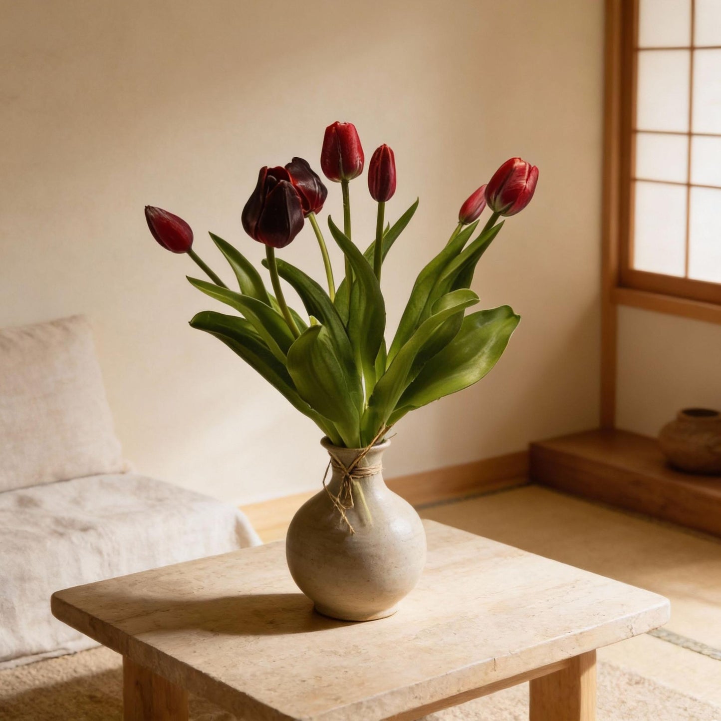 Tulpenstrauß Dunkelrot Real Touch Kunsttulpen – 7 Stiele – 42cm – Hochwertiger Kunstblumenstrauß in Bordeaux-Optik – Pflegefreie Deko für Tisch, Regal & Wohnzimmer