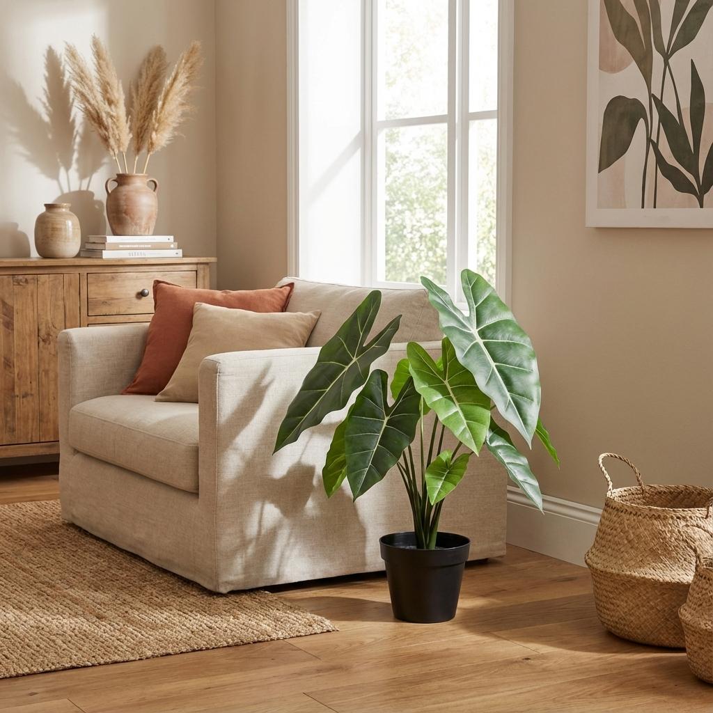 Alocasia Polly Kunstpflanze 40cm – Dekorative Elefantenohr Deko Pflanze – Pflegefreie Zimmerpflanze für Wohnzimmer Büro & Fensterbank