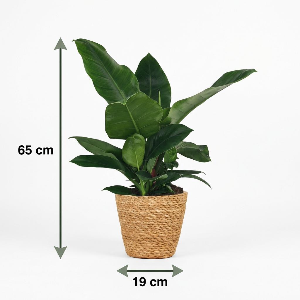Green boutiQ - Zimmerpflanze - Philodendron - Philodendron Imperial Green - Grün - Pflegeleicht - 1 Pflanze - mit Korb - Topf 19cm - Höhe 65cm 
