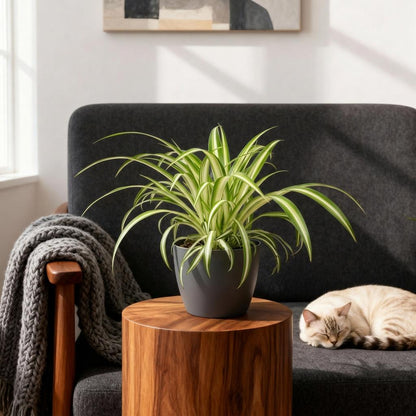 Green boutiQ - Zimmerpflanze - Chlorophytum comosum Variegatum - Bunte Graslilie - Haustierfreundliche Pflanze - Grün - 4 Pflanzen - mit Potter Grau - Topf 12cm - Höhe 20cm 
