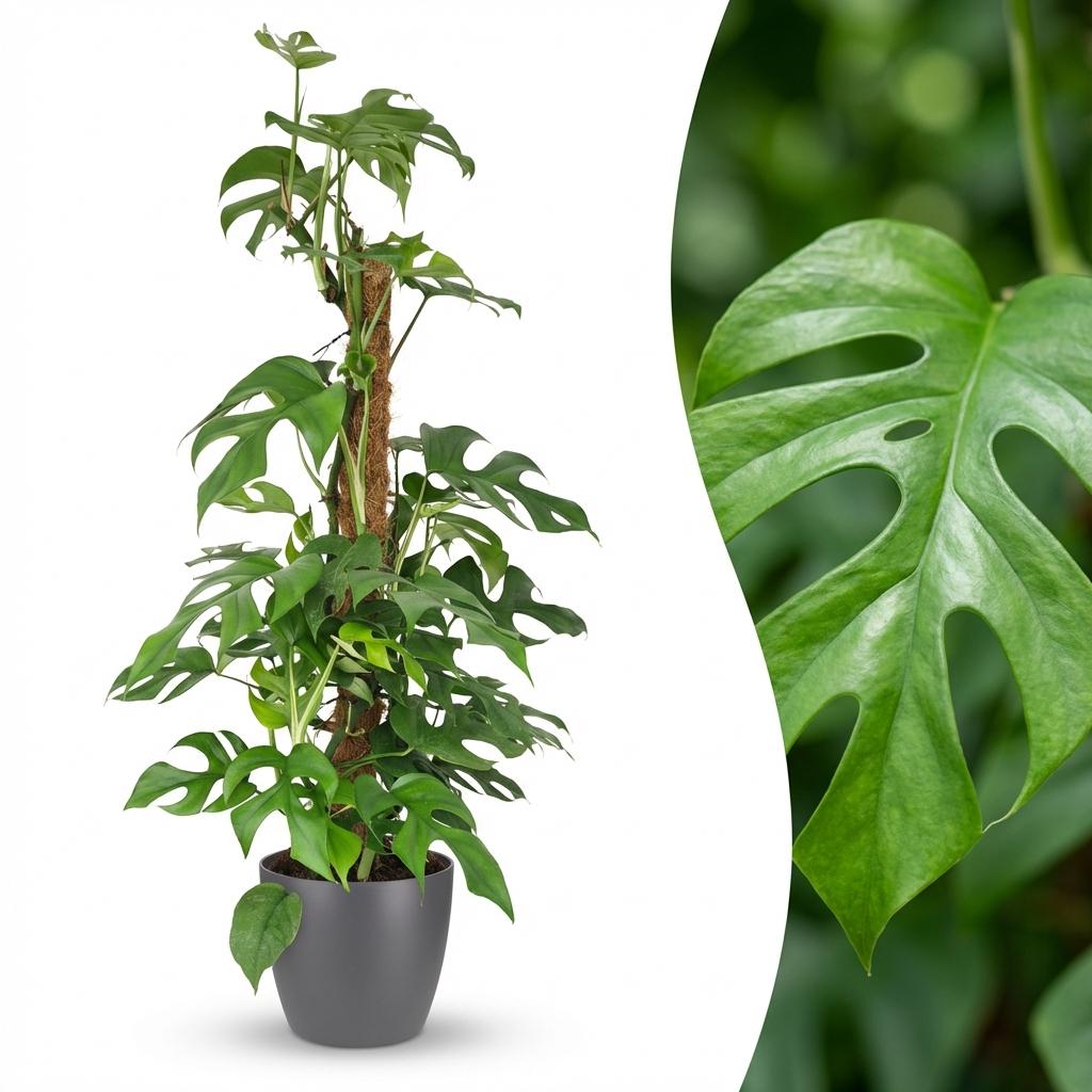 Monstera Minima am Moosstab 90cm – Mini Fensterblatt Zimmerpflanze im grauen Übertopf Ø19cm – tropische Lochblätter – pflegeleicht für Wohnung & Büro, ideal bei Halbschatten, moderat gießen 
