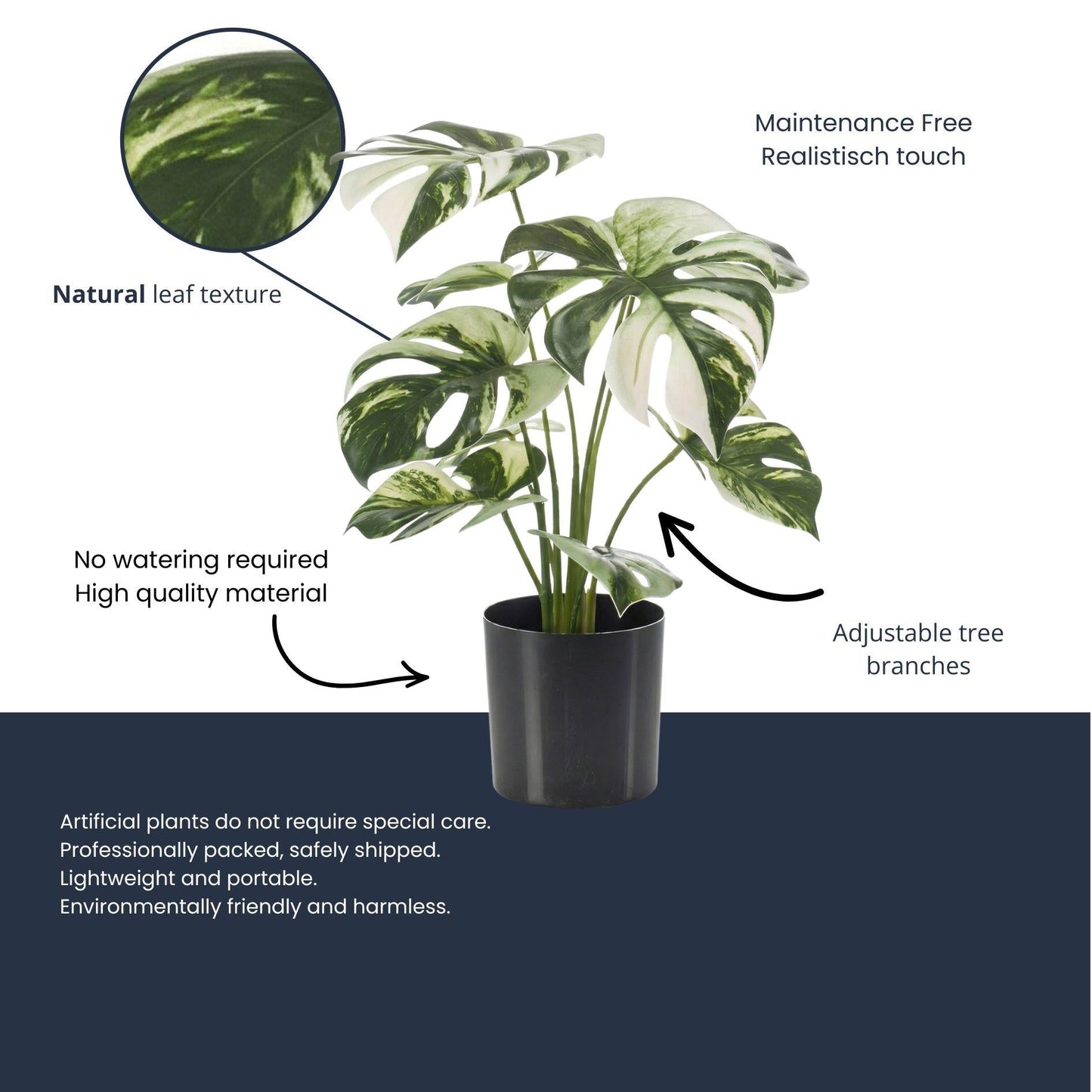 Monstera Kunstpflanze Busch im Topf 40cm – Dekorative Fensterblatt Kunstpflanze – Pflegefreie Zimmerpflanze für Wohnzimmer Büro & Fensterbank