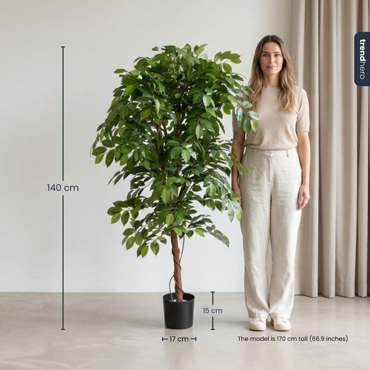 Ficus Deluxe Vine Kunstbaum – 140cm – Realistische Kunstpflanze für Innenräume – Pflegefreier künstlicher Baum mit dichtem Blattwerk – Ideal für Wohnzimmer & Büro