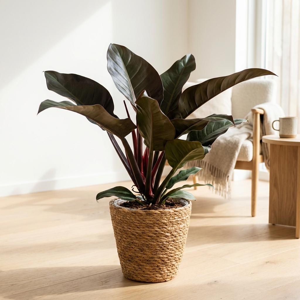 Philodendron Imperial Red Baumfreund 60cm – Zimmerpflanze mit roten Blättern im Korb Ø19cm – glänzendes Laub rot bis dunkelgrün – pflegeleicht für Wohnung & Büro, ideal bei Halbschatten, moderat gießen 