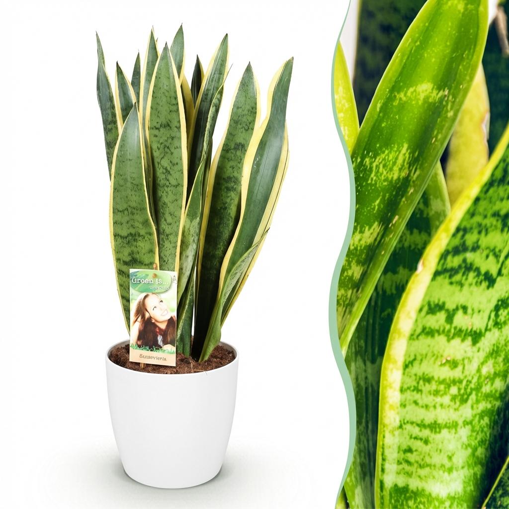 Green boutiQ - Zimmerpflanzen - Sansevieria Laurentii - Schwiegermutterzunge - Pflegeleicht - Grün - Gelb - 1 Pflanze - mit Potter Weiß - Topf 21cm - Höhe 70-80cm 