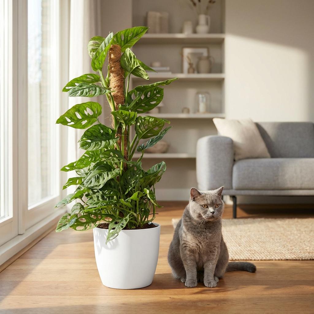 Monstera Adansonii Monkey Mask am Moosstab Fensterblatt 90cm – Zimmerpflanze mit Lochblättern im weißen Übertopf Ø19cm – Kletterpflanze pflegeleicht, tropischer Look für Wohnung & Büro 