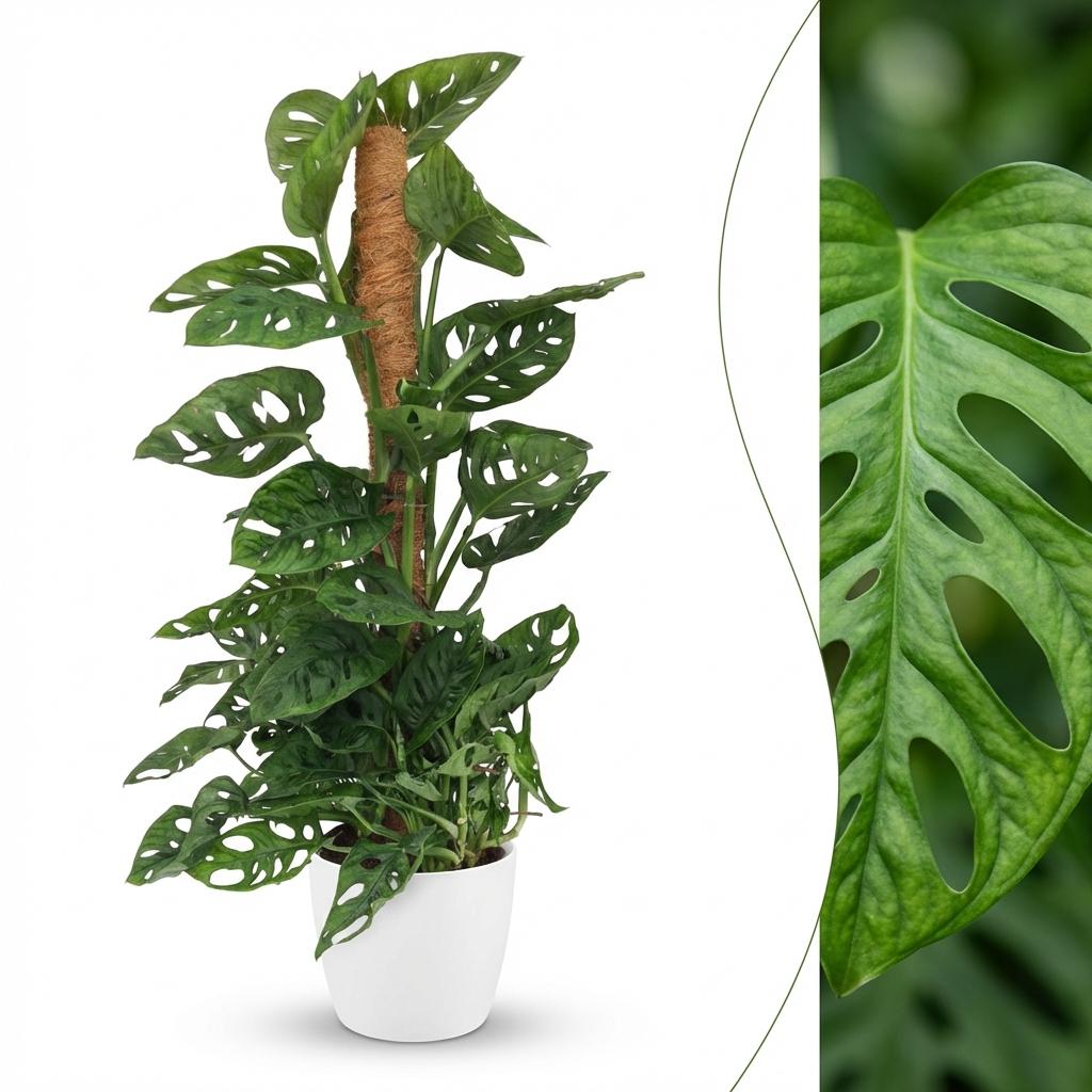 Monstera Adansonii Monkey Mask am Moosstab Fensterblatt 90cm – Zimmerpflanze mit Lochblättern im weißen Übertopf Ø19cm – Kletterpflanze pflegeleicht, tropischer Look für Wohnung & Büro 