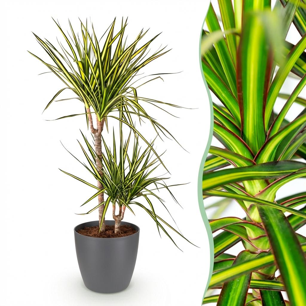 Green boutiQ - Zimmerpflanzen - Dracaena Sunray - Drachenbaum - Wenig Pflege - Grün - Gelb - 1 Pflanze - mit Potter Grau - Topf 21cm - Höhe 90-100cm 