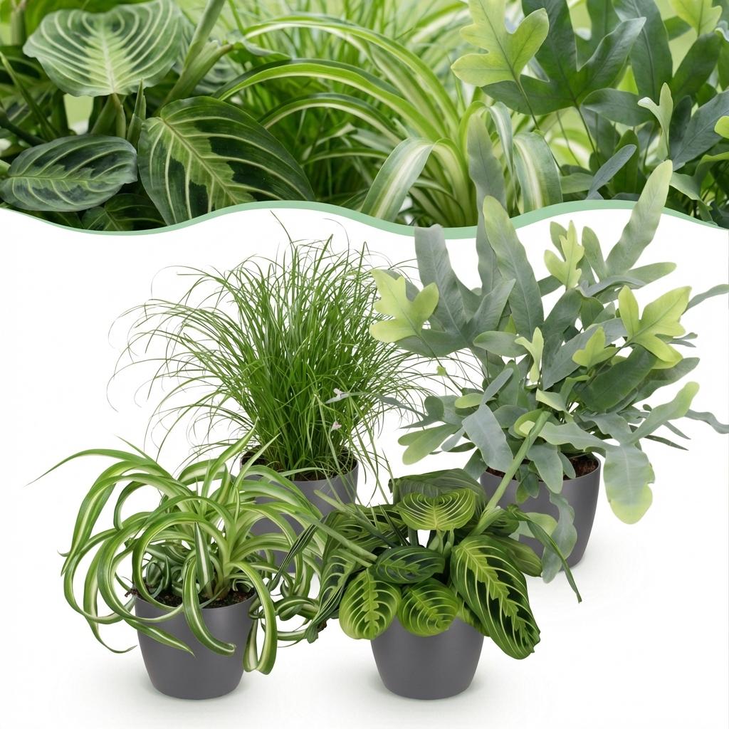 Green boutiQ - Zimmerpflanze - Chlorophytum - Cyperus - Phlebodium - Marantha - Mix aus 4 - Haustierfreundliche Pflanzen - Grün - 4 Pflanzen - mit Potter Grau - Topf 12cm - Höhe 25cm 