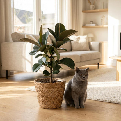 Ficus Elastica Cloe Gummibaum 65cm – Zimmerpflanze im Korb Ø19cm – große glänzende grüne Blätter – pflegeleicht für Wohnung & Büro – ideal bei Halbschatten, moderat gießen 