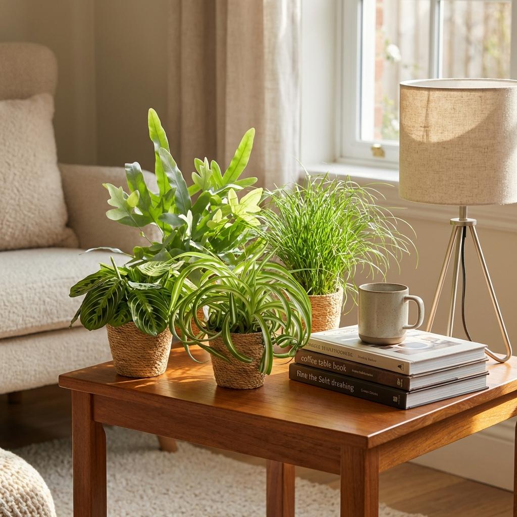 Green boutiQ - Zimmerpflanze - Chlorophytum - Cyperus - Phlebodium - Marantha - Mix aus 4 - Haustierfreundliche Pflanzen - Grün - 4 Pflanzen - mit Korb - Topf 12cm - Höhe 25cm 