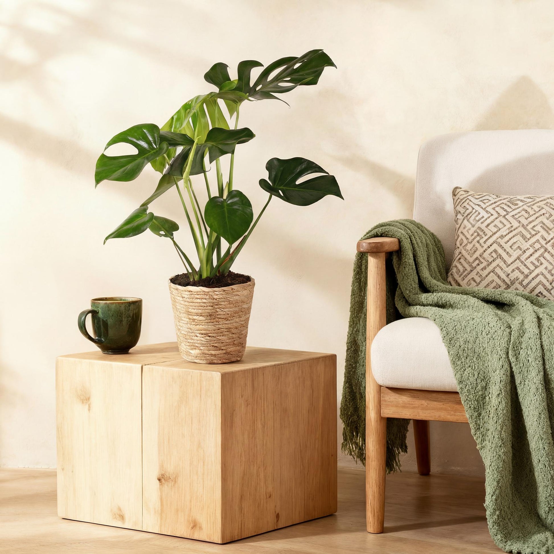 Green boutiQ - Zimmerpflanzen - Monstera Deliciosa - Lochpflanze - Wenig Pflege - mit Korb - Grün - 1 Pflanze - Topf 17cm - Höhe 50-55cm 