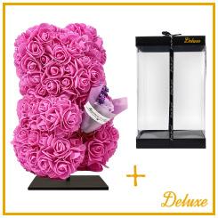 Bär DELUXE auf Ständer 25 cm – Fuchsia Schaumstoff mit Blumenstrauß – in luxuriöser Geschenkverpackung 25 cm 