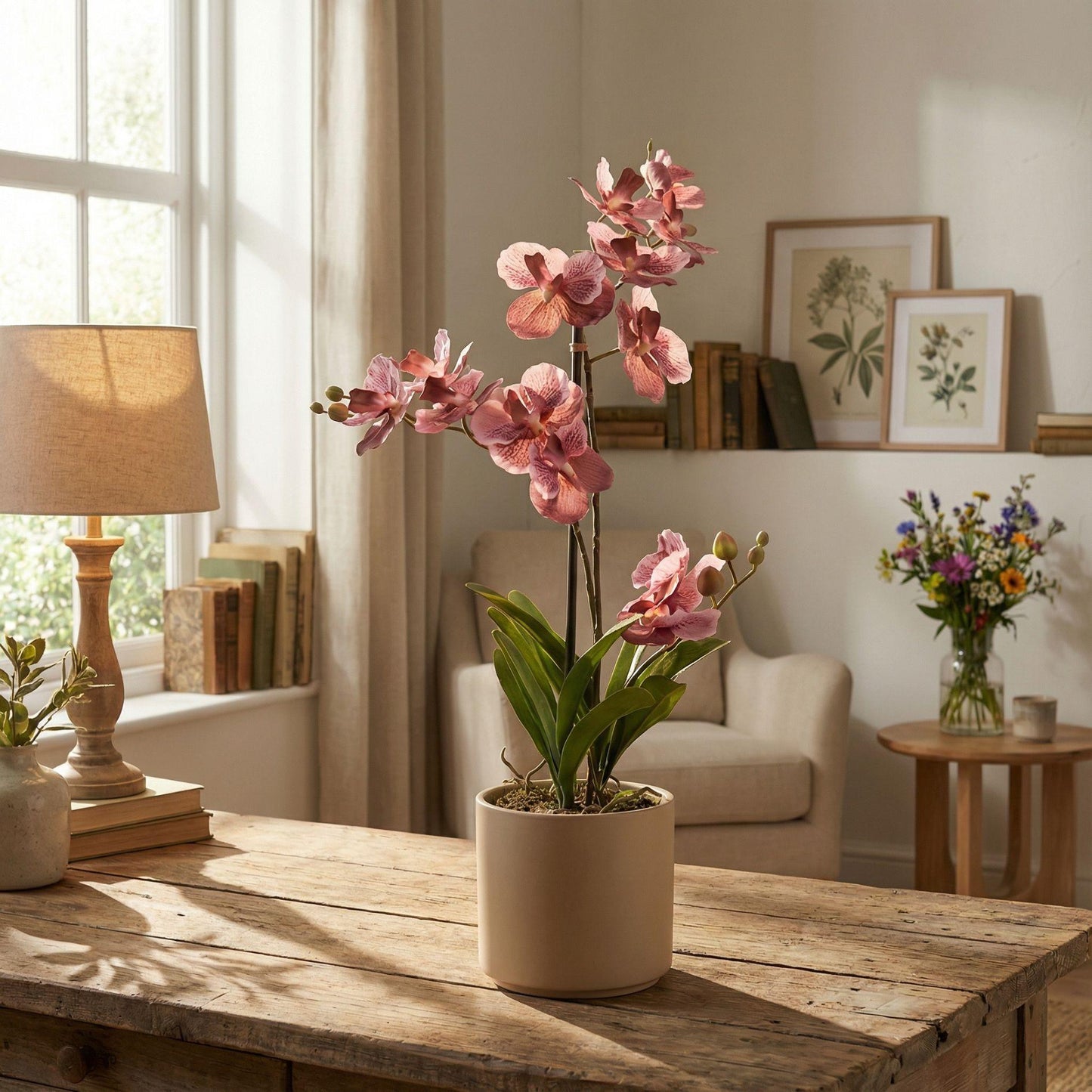 Orchidee Vanda Kunstpflanze – ca.60cm – Altrosa – Künstliche Orchidee im Topf – Pflegefreie Deko Pflanze für Wohnzimmer Büro & Empfangsbereich