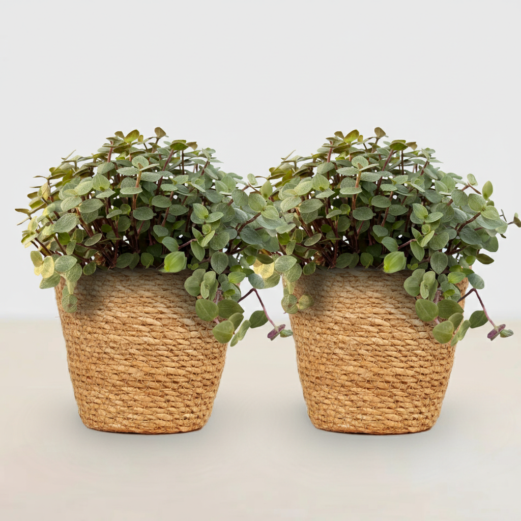 Green boutiQ - Zimmerpflanze - Calissia repens - Katzengras - Haustierfreundlich - Grün - 2 Pflanzen - mit Korb - Topf 12cm - Höhe 17-20cm 