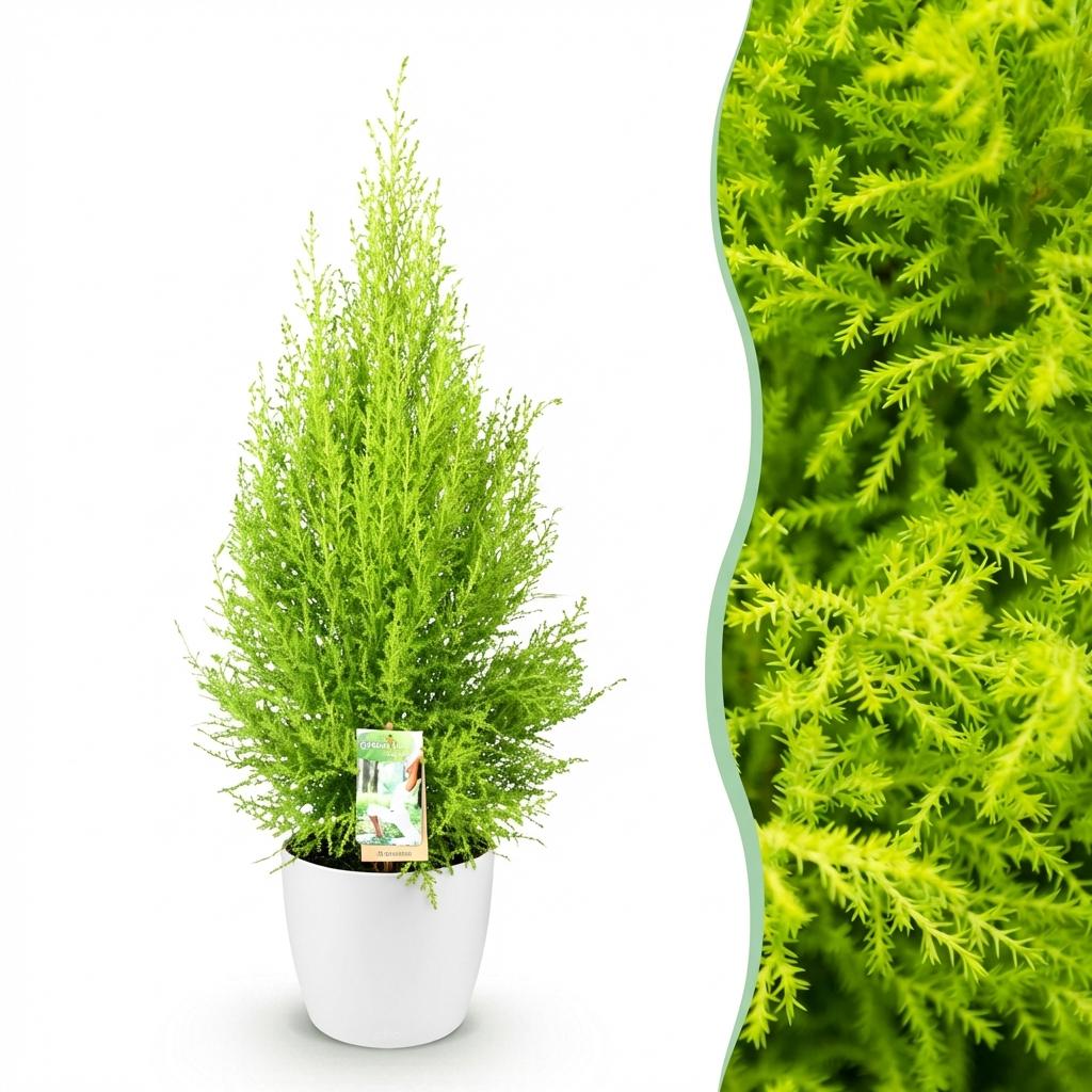Green boutiQ - Zimmerpflanzen - Cupressus Gold Crest Wilma - Zimmerkonifere - Wenig Pflege - Grün - 1 Pflanze - mit Potter Weiß - Topf 21cm - Höhe 85-95cm 