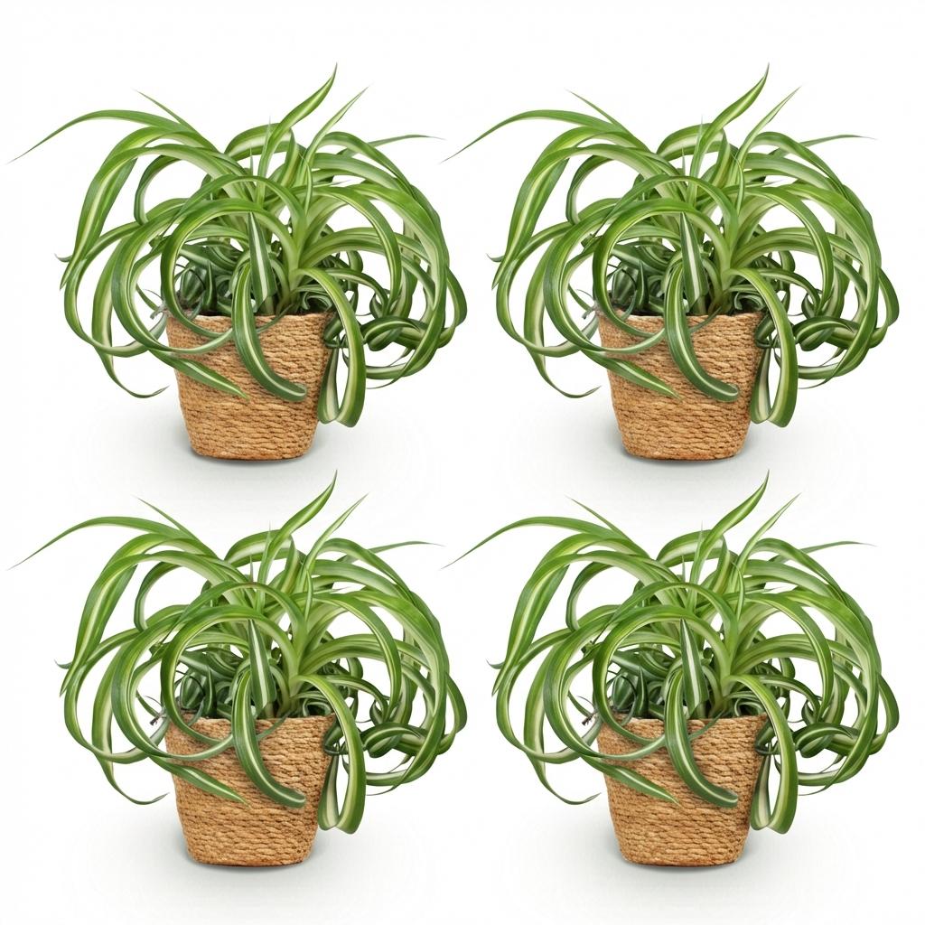 Green boutiQ - Zimmerpflanze - Chlorophytum comosum Bonnie - Lockige Graslilie - Haustierfreundliche Pflanze - Grün - 4 Pflanzen - mit Korb - Topf 12cm - Höhe 20cm 