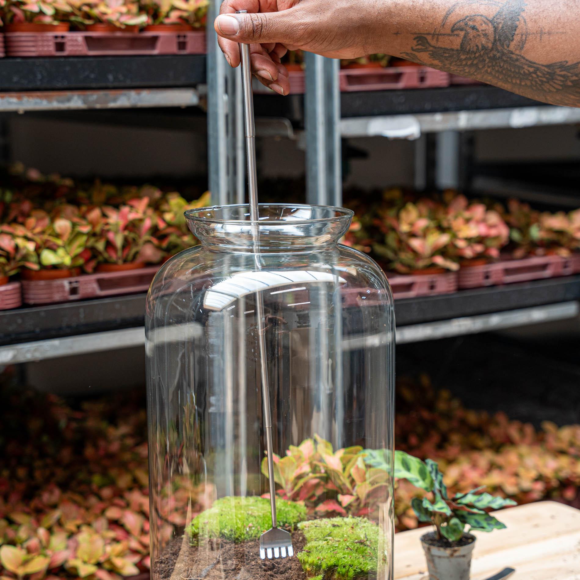 Flaschengarten-Harke – Teleskop 16–49 cm – Edelstahl – Präzisionswerkzeug für Terrarien, Mini-Gärten & Aquascaping 