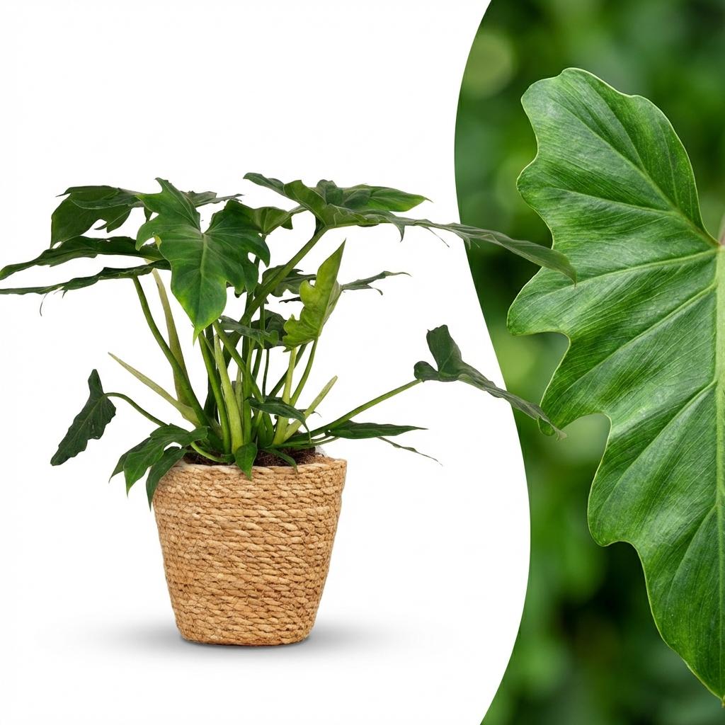 Green boutiQ - Zimmerpflanze - Philodendron - Philodendron Lacerum - Grün - Pflegeleicht - 1 Pflanze - mit Korb - Topf 19cm - Höhe 65cm 
