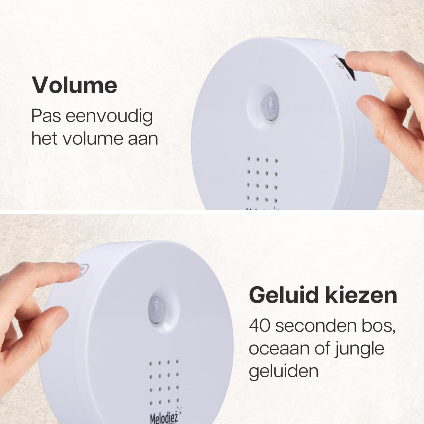 Melodiez Musikbox Weiß – Naturklänge mit Bewegungssensor – Kompakte Soundbox für beruhigende Vogelstimmen, Meeresrauschen & Dschungelklänge – Inklusive Batterien – Elegantes Design 