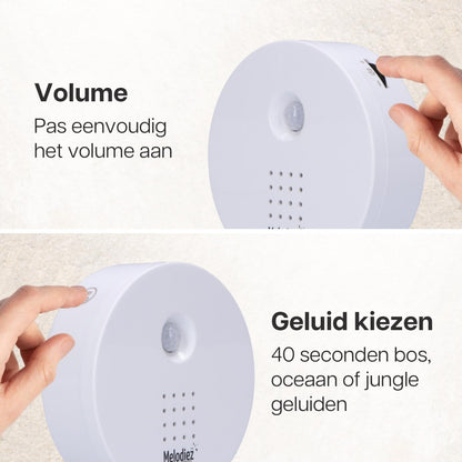 Melodiez Musikbox Weiß – Naturklänge mit Bewegungssensor – Kompakte Soundbox für beruhigende Vogelstimmen, Meeresrauschen & Dschungelklänge – Inklusive Batterien – Elegantes Design 