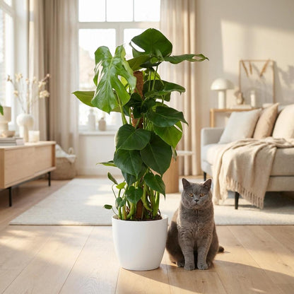 Monstera Deliciosa am Moosstab 90cm – Fensterblatt Zimmerpflanze im weißen Übertopf Ø19cm – große grüne Schlitzblätter – pflegeleichtes Statement für Wohnung, Büro & Schlafzimmer, ideal bei Halbschatten 