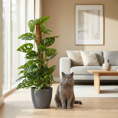 Monstera Adansonii Monkey Mask am Moosstab 90cm – Zimmerpflanze mit Lochblättern im Potter Grau Übertopf Ø19cm – Kletterpflanze pflegeleicht, tropischer Look für Wohnung & Büro 