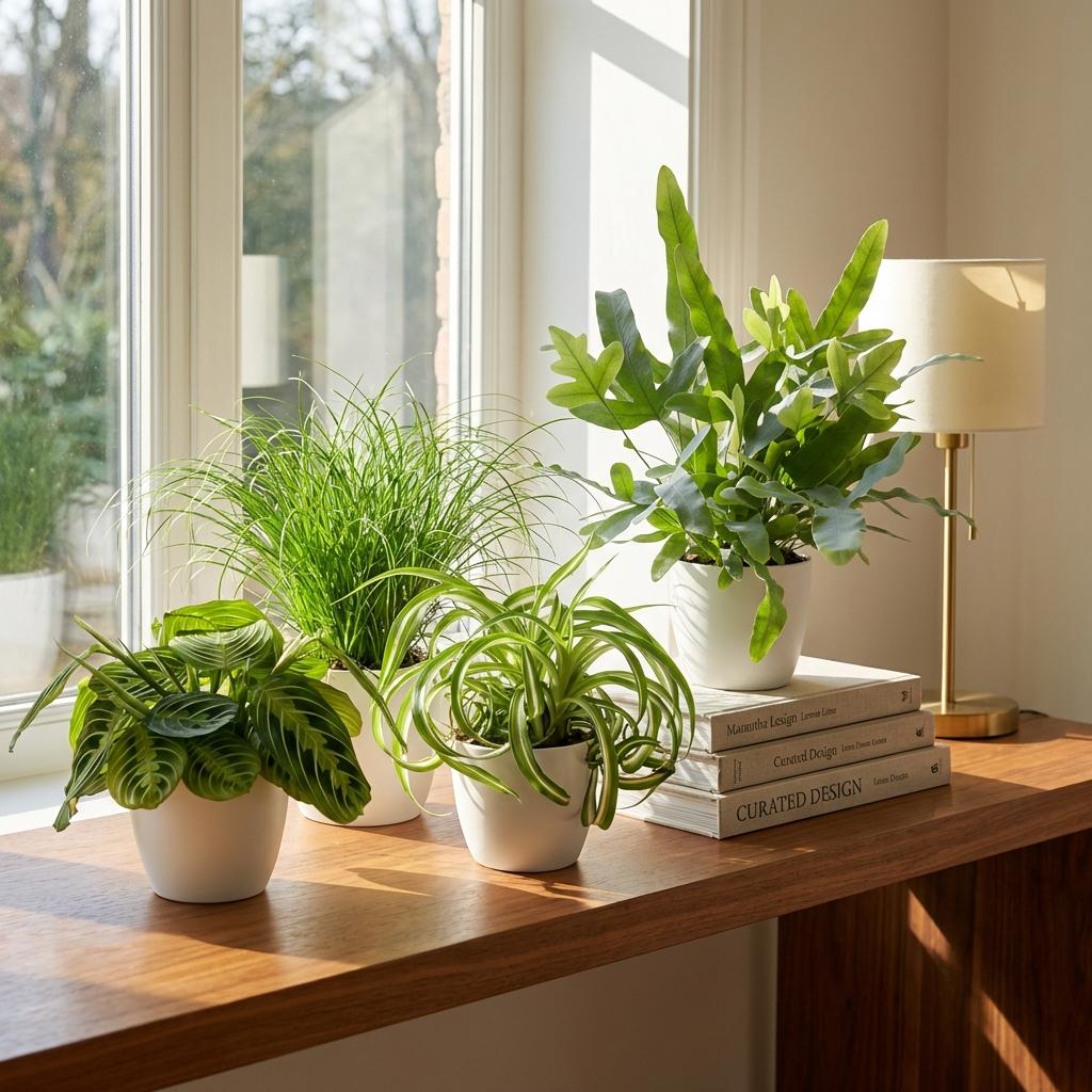 Green boutiQ - Zimmerpflanze - Chlorophytum - Cyperus - Phlebodium - Marantha - Mix aus 4 - Haustierfreundliche Pflanzen - Grün - 4 Pflanzen - mit Potter Weiß - Topf 12cm - Höhe 25cm 