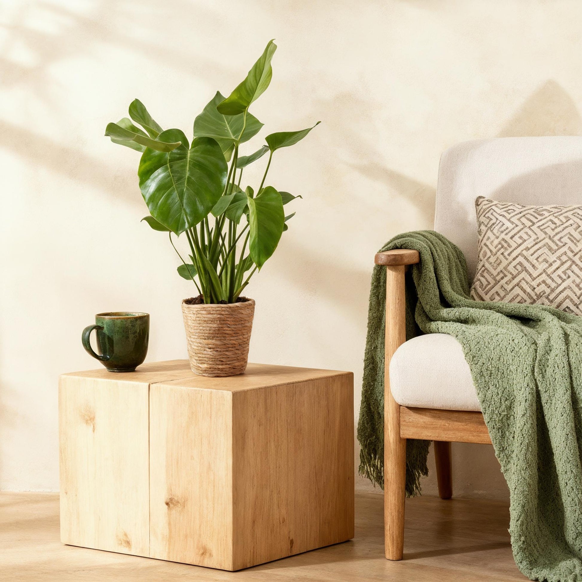 Green boutiQ - Zimmerpflanzen - Monstera Deliciosa - Fensterblatt - Pflegeleicht - mit Korb - Grün - 2 Pflanzen - Topf 17cm - Höhe 50-55cm 