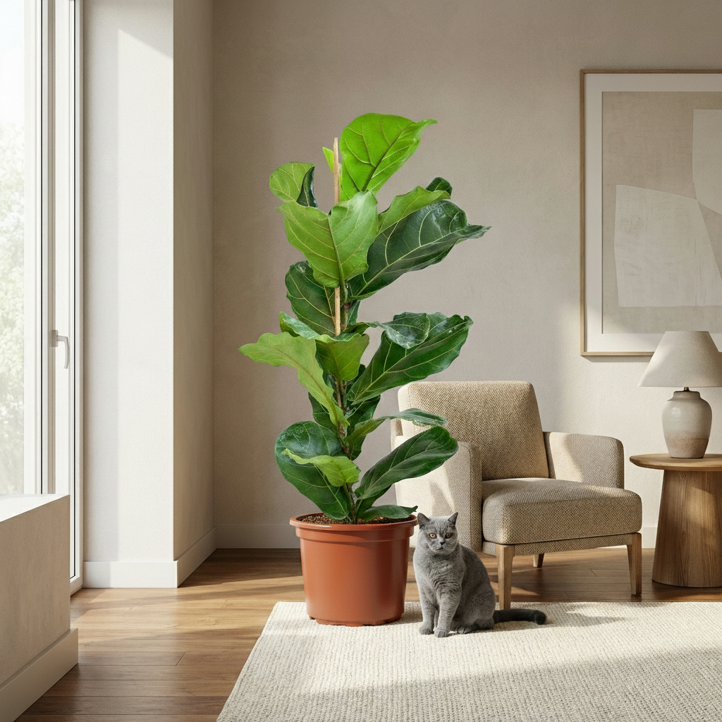 Green boutiQ - Plante d'intérieur - Ficus Lyrata - Figuier lyre - Vert - Entretien facile - 1 Plante - Pot 21cm - Hauteur 75 - 85cm 